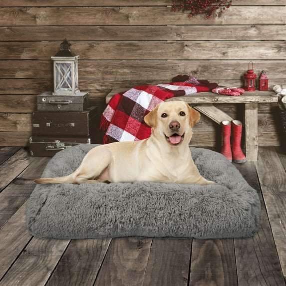 Vibrant Life Large Furry Bolster Dog Bed, Taupe, 36" x 27" Set image 1